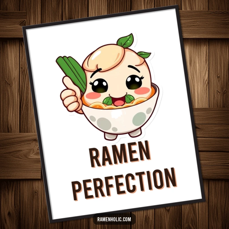 Funny digital art print of a smiling ramen bowl character giving a thumbs up, bringing instant culinary joy and humor.