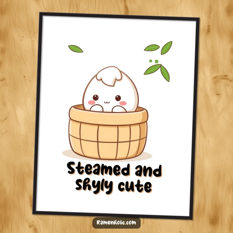 Funny shy mochi character peeking from a steaming bamboo steamer, cute kawaii digital art print, downloadable funny gift for bao enthusiasts.
