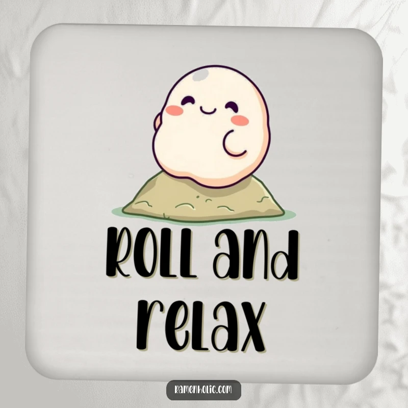 Funny dumpling character drink coaster, smiling and rolling down a hill, offering surface protection with a humorous design.