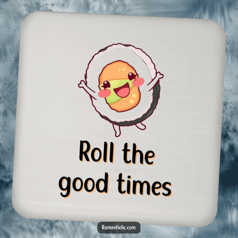 Funny drink coaster showing a happy sushi roll character cartwheeling, adding a playful and humorous touch to protect surfaces.