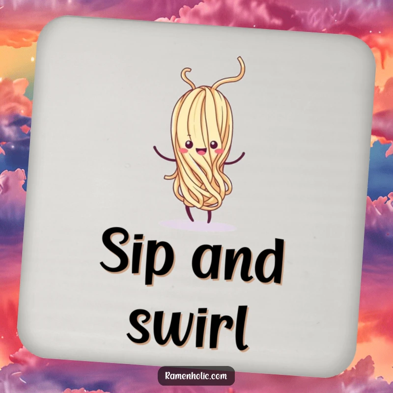 Funny Kawaii noodle strand dancing whimsically, with a happy swirl, protecting a surface, vibrant and cute, excellent funny gift.