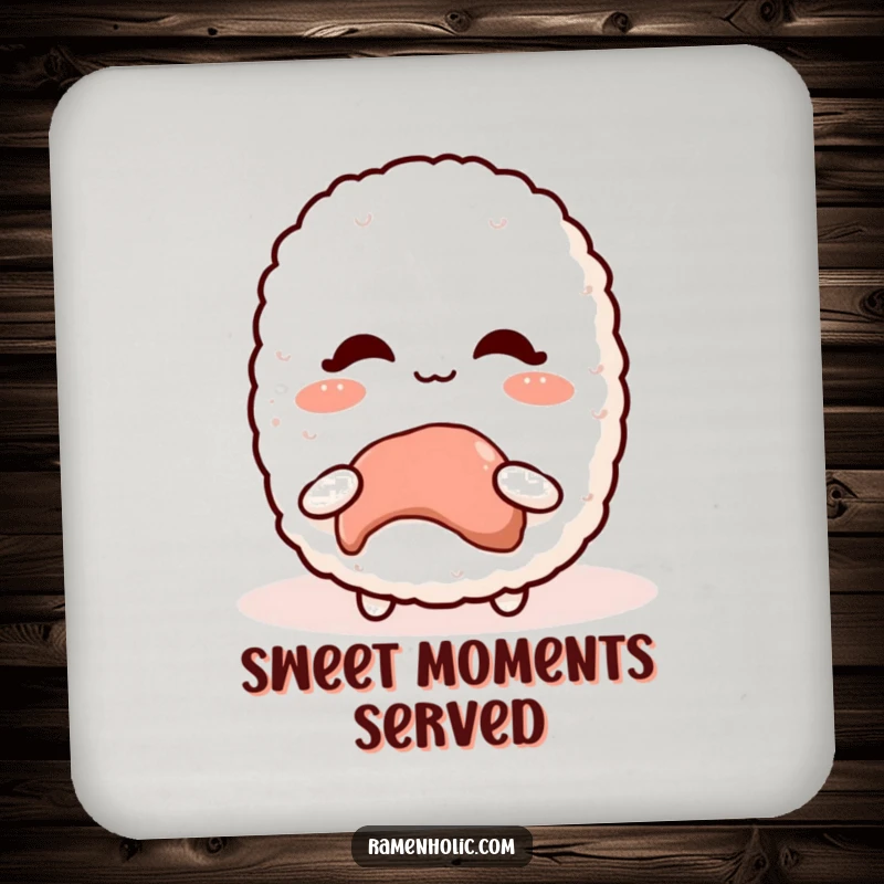Funny Kawaii Rice Ball Coaster protecting surfaces, showing a blushing character with a sweet treat, a small gift.