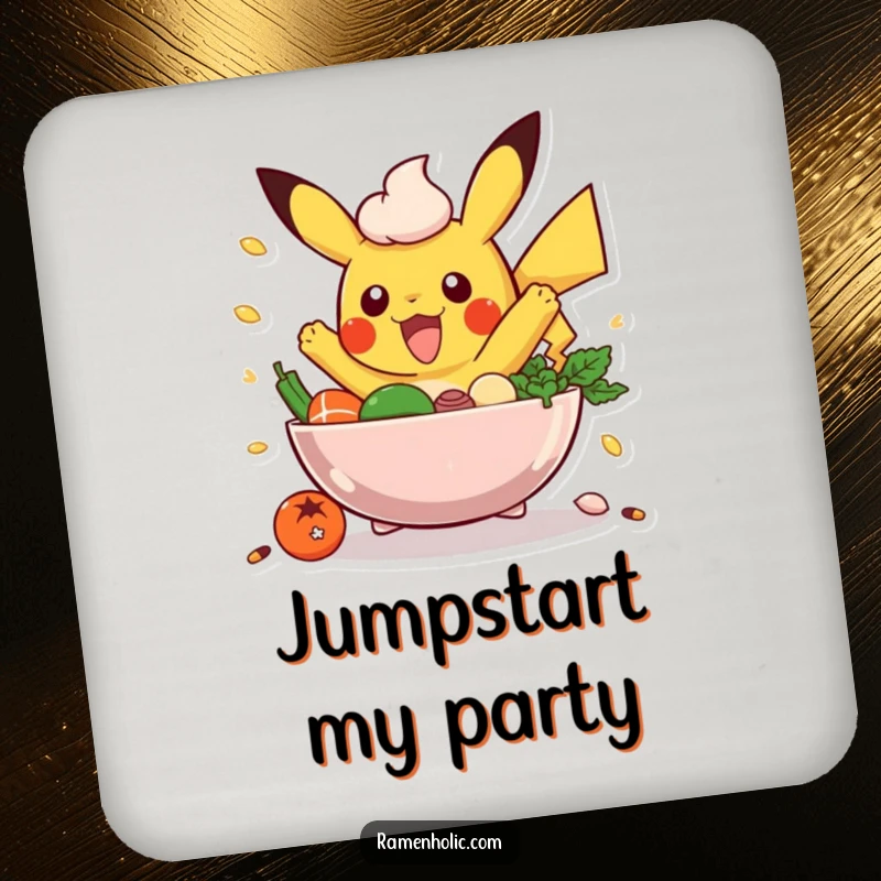 Funny Poke Bowl Coaster: An excited poke bowl character with ingredients jumping, adding flair and protecting your surfaces.