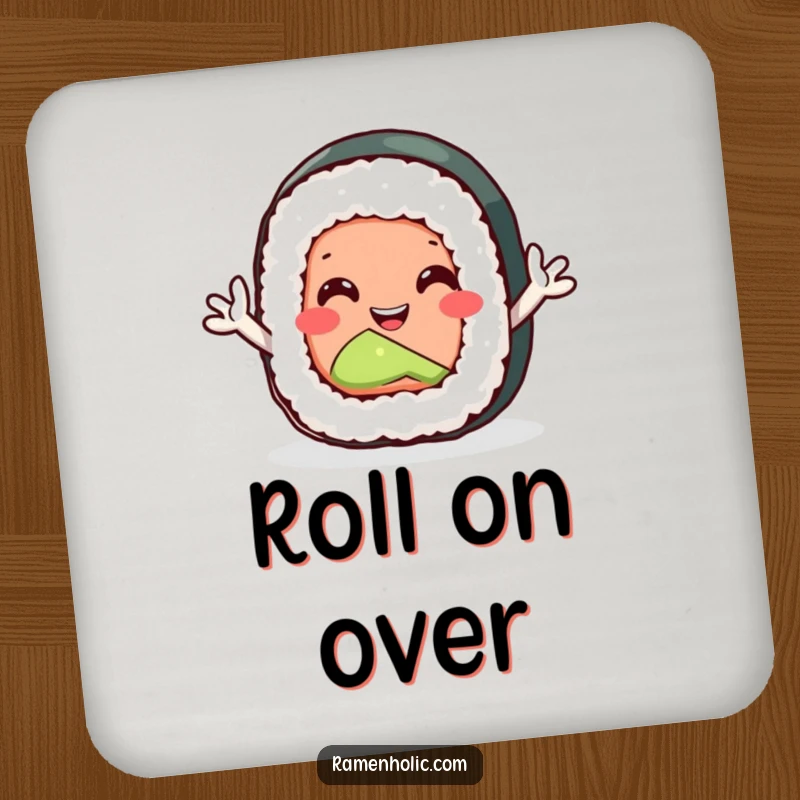 Funny sushi roll coaster set with tiny arms waving enthusiastically, protecting surfaces with style.