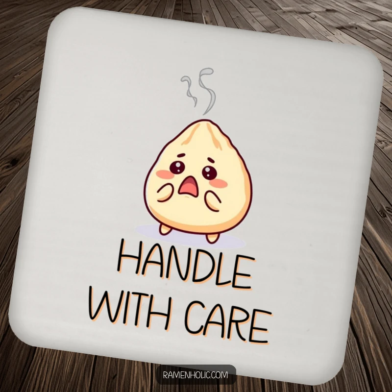 Funny gyoza drink coaster, a surprised character puffing steam, looking shocked, adding foodie humor to tables.