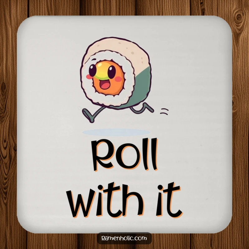 Funny Kawaii sushi roll with tiny legs, sprinting to protect a surface, looking determined, humorous and functional, excellent funny gift.