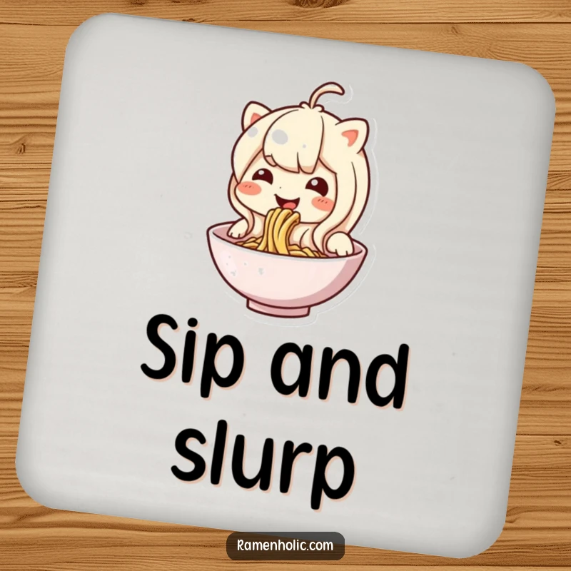 Funny noodle character drink coaster, depicted happily slurping, offering surface protection with a humorous design.