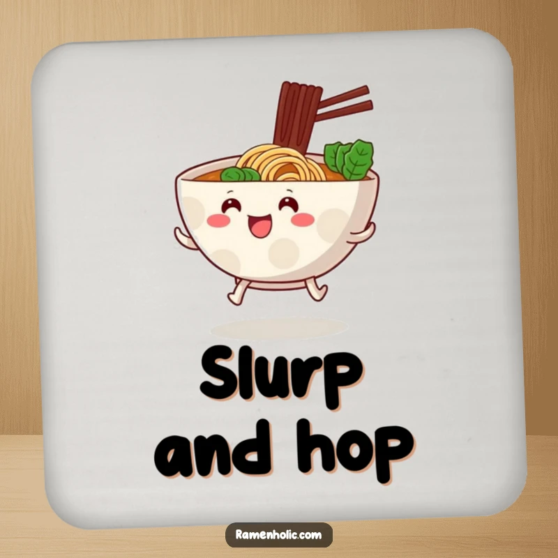 Funny ramen bowl with little stubby legs, hopping excitedly forward, on cute foodie art drink coasters.