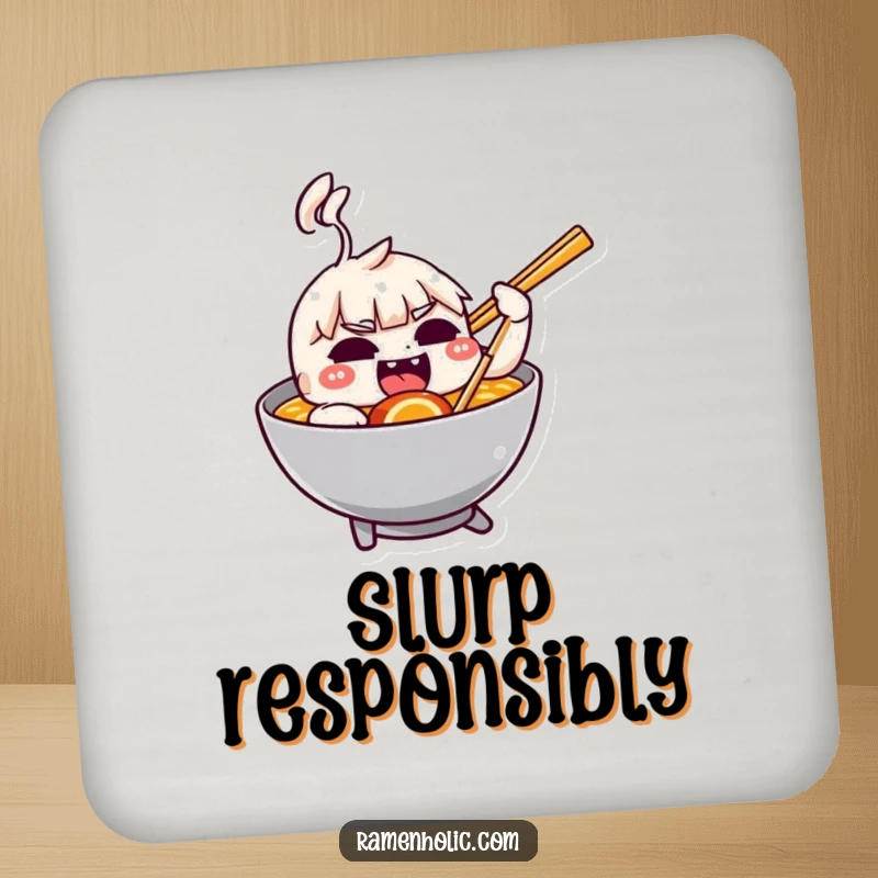Funny drink coaster depicting a mischievous chopstick playfully nudging a ramen bowl.