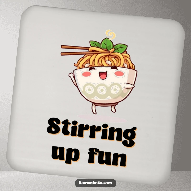 Funny ramen bowl character drink coaster, dancing with chopsticks, offering surface protection with a humorous design.