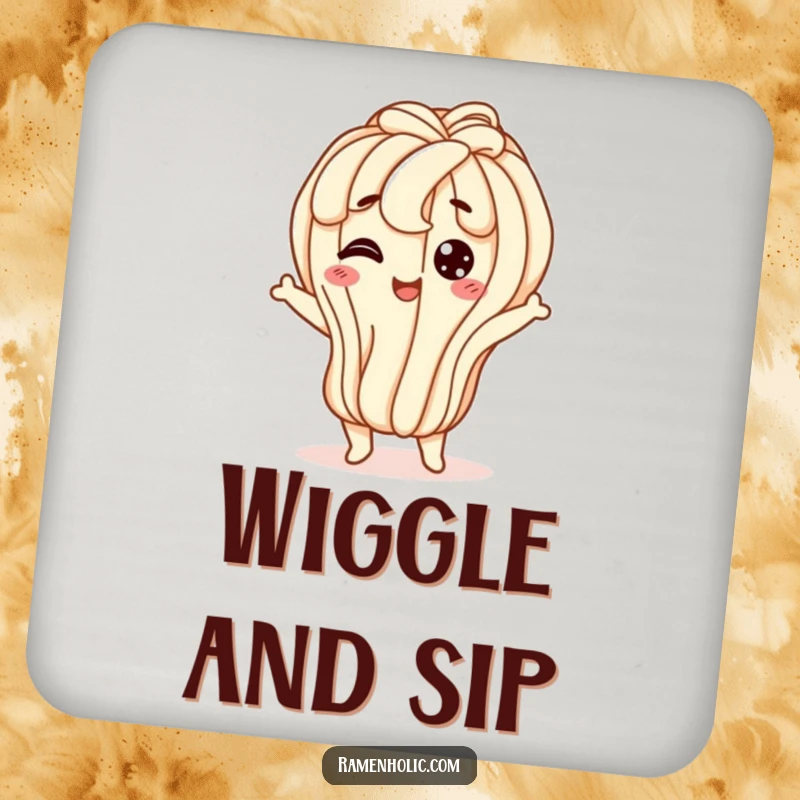 Funny udon noodle drink coaster, a happy character doing a wiggly jiggle, adding flexible foodie humor.