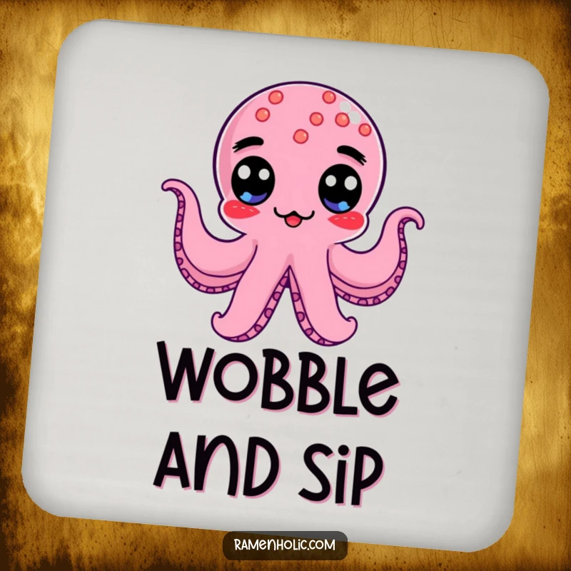 Funny Kawaii Octopus Wiener Coaster protecting surfaces, showing a googly-eyed character wobbling, a small gift.