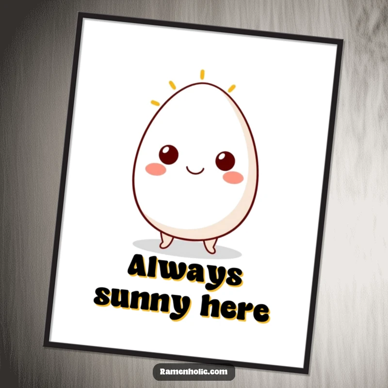 Funny poster art of a happy egg character with a sunny side up smile, bringing cheerful breakfast vibes to any room.