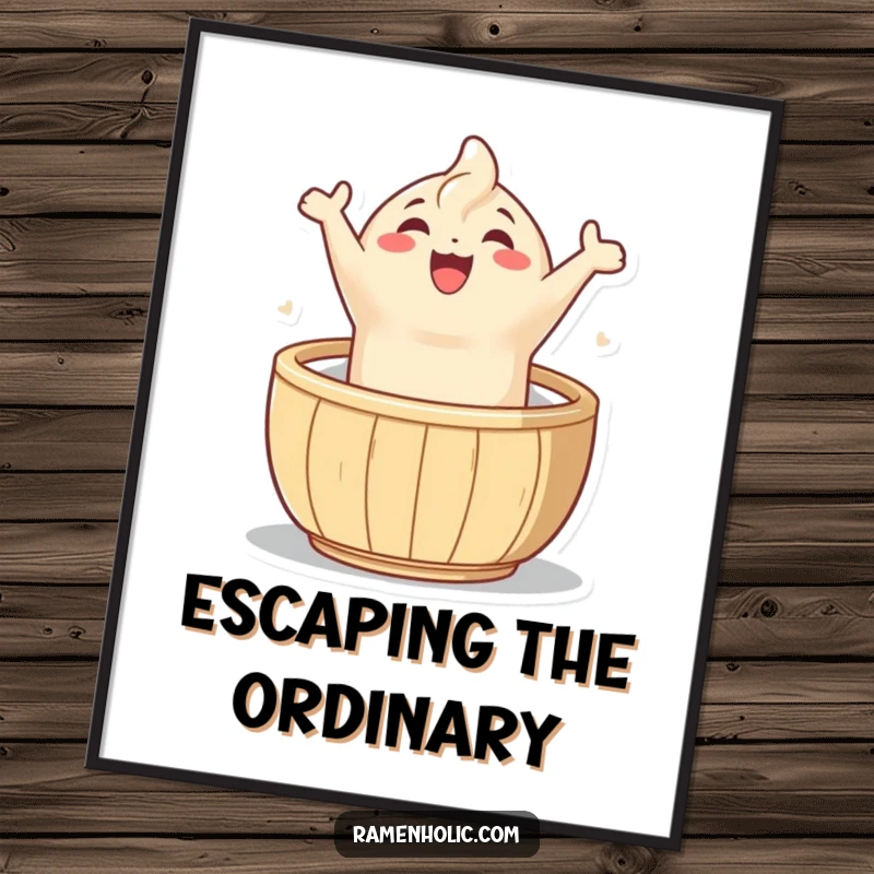 Funny dumpling leap poster, a joyful character escaping a steamer, adding dynamic humor and happiness to wall decor.