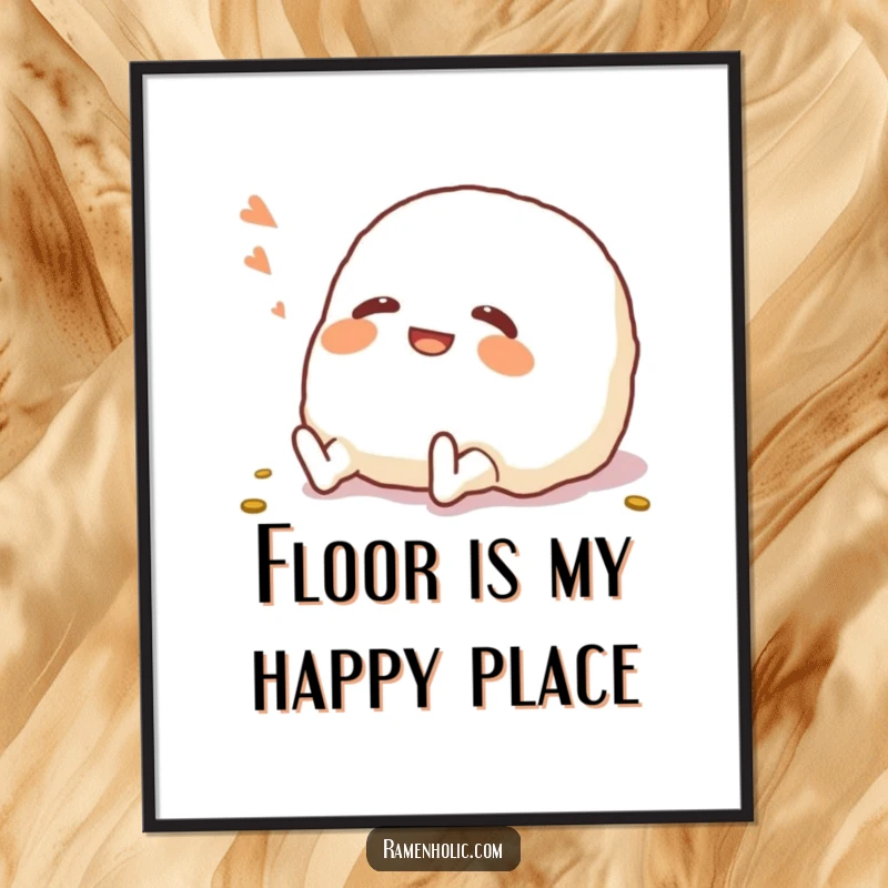 Funny Onigiri Poster: A giggling onigiri character humorously rolling on the floor, creating a dynamic and cheerful visual.