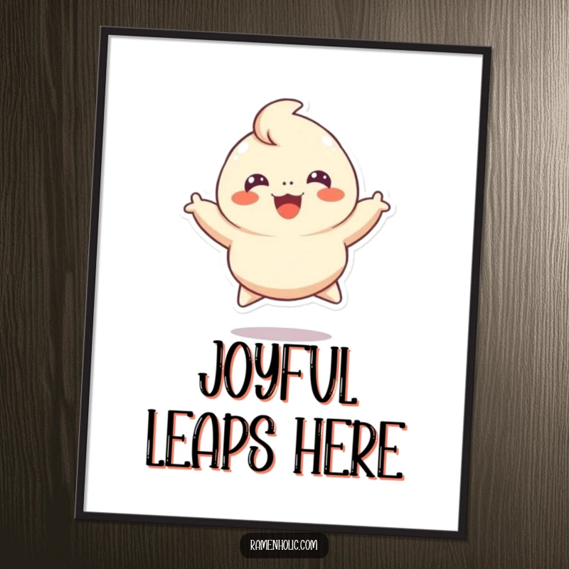 Funny poster art of a cheerful dumpling character leaping with pure happiness, bringing an energetic and joyful vibe to any room.