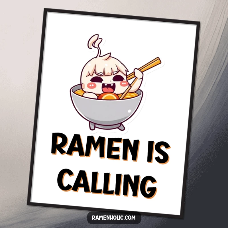 Funny poster showing a mischievous chopstick character playfully nudging a ramen bowl.