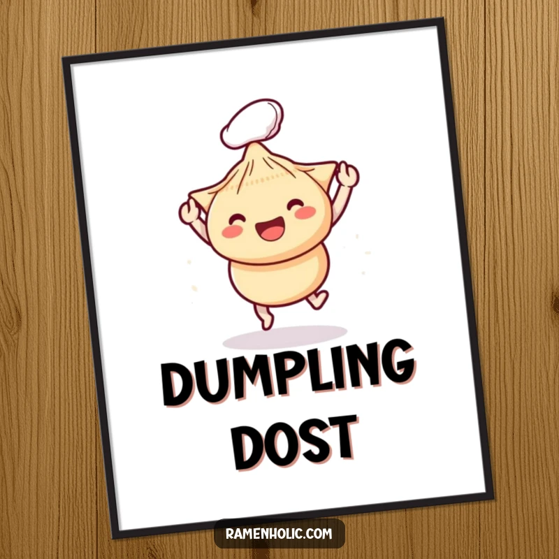 Funny poster featuring anthropomorphic chopsticks playfully bopping a happy dumpling, symbolizing a delightful and humorous food moment.