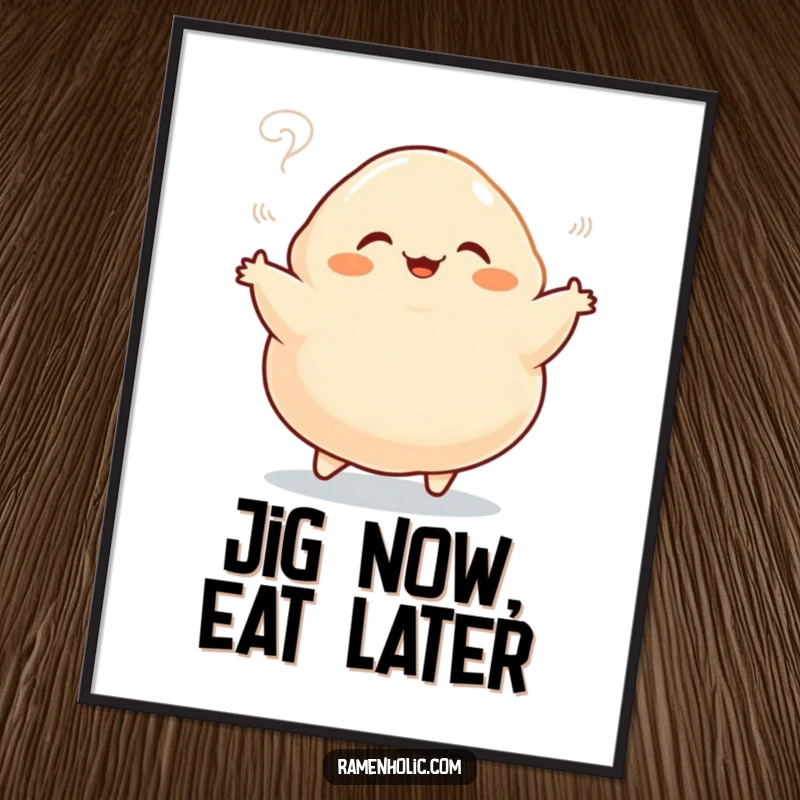 Funny poster depicting a plump dumpling character performing a happy jig with playful steam, a cheerful and energetic cartoon food illustration.