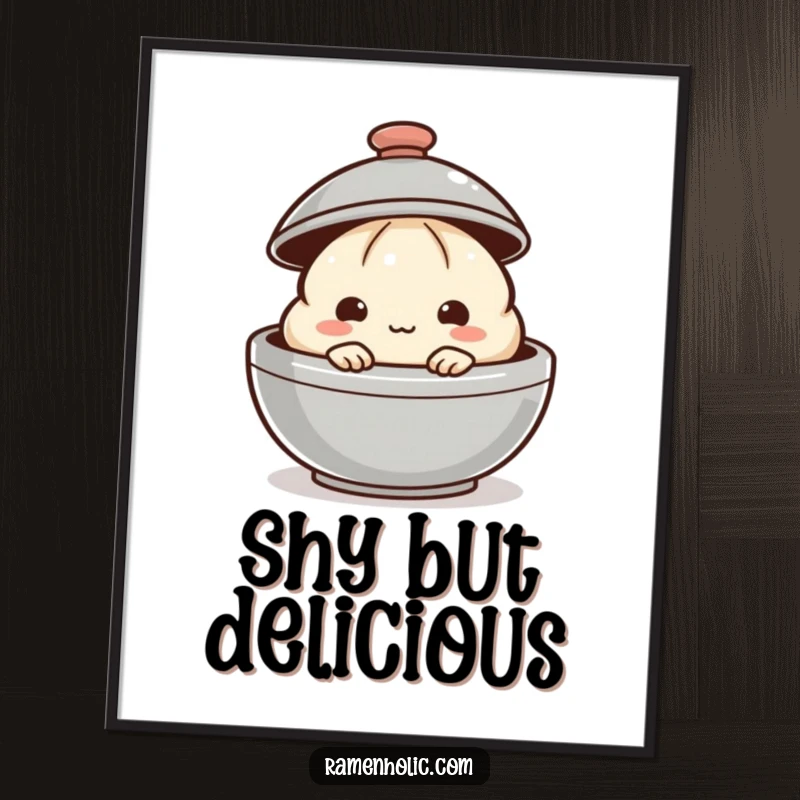 Funny dumpling poster featuring a shy dumpling peeking from behind a steaming lid, adding warmth to decor.