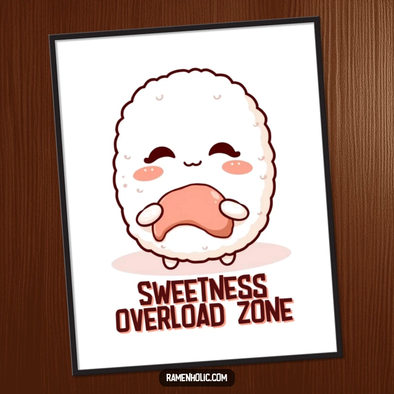 Funny Kawaii Rice Ball Poster displaying a cute character blushing shyly while receiving a sweet treat, perfect wall art.