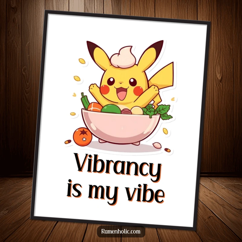 Funny Poke Bowl Poster: An excited poke bowl character with ingredients jumping enthusiastically, creating a lively food art piece.