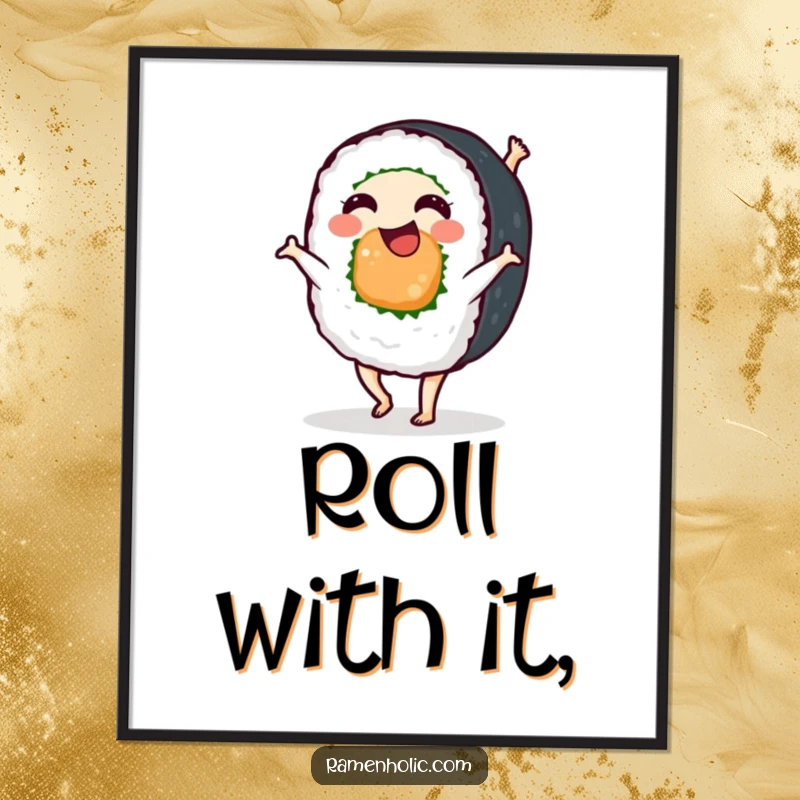 Funny sushi roll performing a lively cartwheel, capturing a moment of pure joy and silliness, vibrant wall art for food lovers.