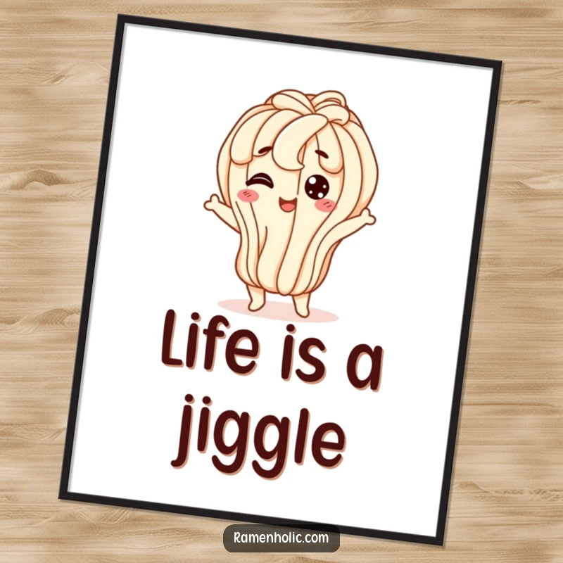 Funny udon noodle wall art poster, a happy character doing a wiggly jiggle, bringing flexible joy and noodle-themed humor.