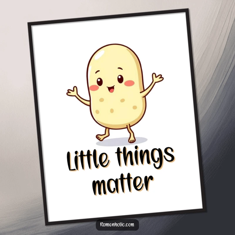 Funny poster illustrating a sesame seed character doing a lively jig, adding a burst of miniature energy and charm to any room.