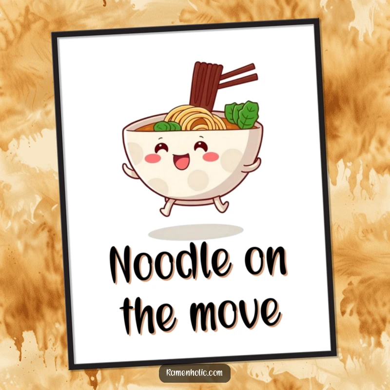 Funny ramen bowl with little stubby legs, happily hopping forward, depicted as cute foodie wall art.