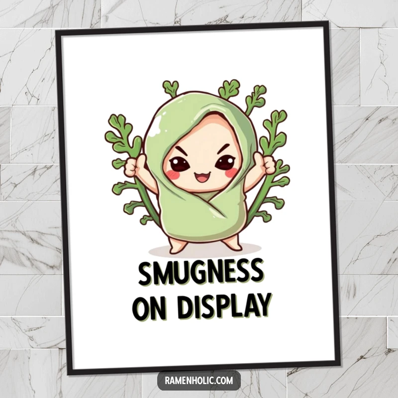 Funny poster featuring a kawaii seaweed wrap striking a dramatic pose with a smug, confident smile, adding a touch of sass.