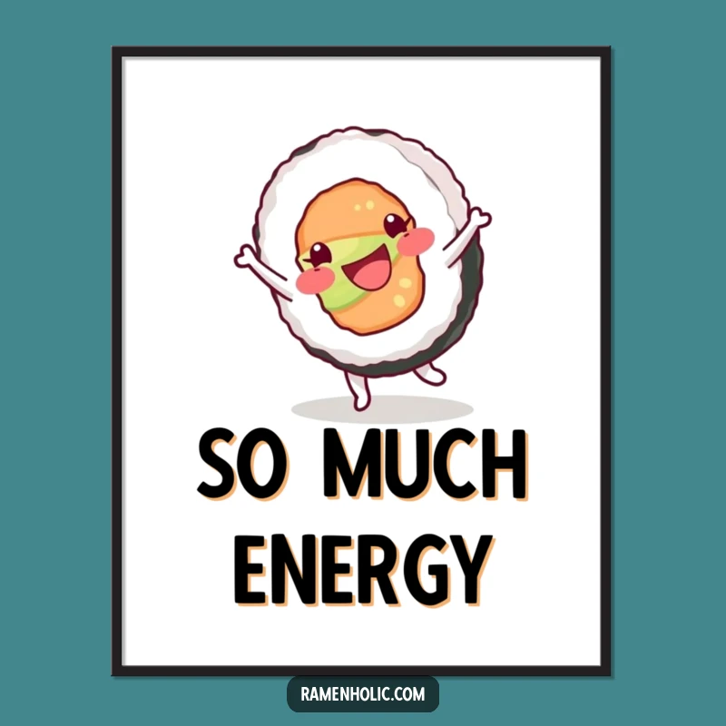 Funny Happy Sushi Roll Cartwheel Poster, Playful Food Art Print