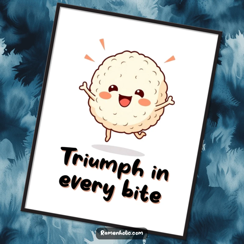 Funny rice ball wall art poster, a cheerful character doing a celebratory hop, bringing infectious joy and positive energy.