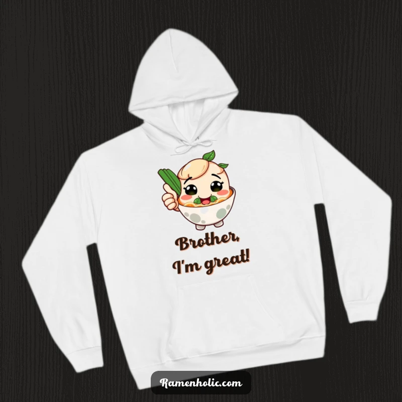 Funny hoodie featuring a smiling ramen bowl character giving a thumbs up, a cozy and humorous statement for food lovers.