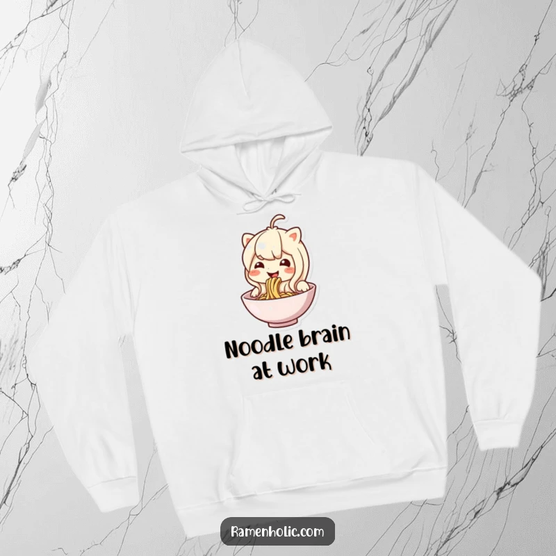 Funny noodle character hoodie, enthusiastically slurping from its own bowl, embodying warmth and joy.