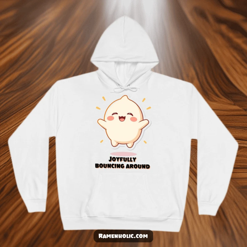 Funny mochi character hoodie, depicted in a joyful bounce with wide-open laughter, a symbol of warm comfort and playful spirit.
