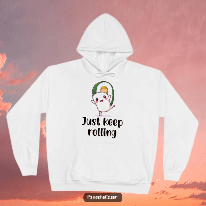 Funny Sushi Roll Hoodie: A smiling sushi character performing a cartwheel, offering cozy humor and stylish wear.