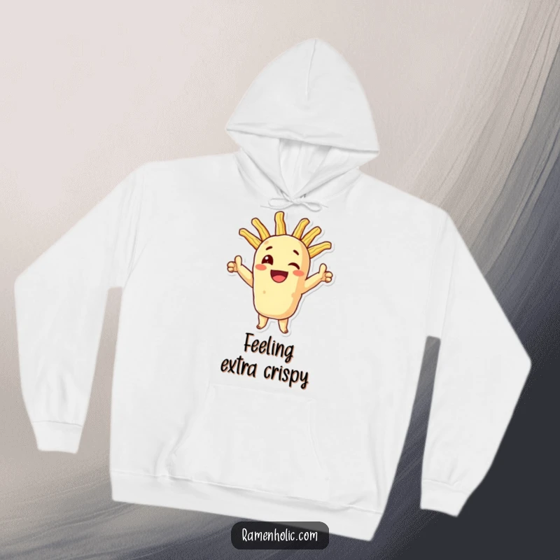 Funny tempura hoodie featuring a smiling character in a triumphant pose with crispy extensions, perfect for cozy celebrations.