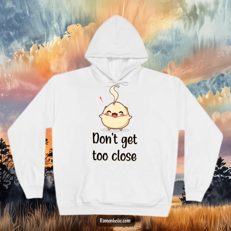 Funny gyoza hoodie, cozy apparel featuring a surprised character with steam, perfect for humorous relaxation.