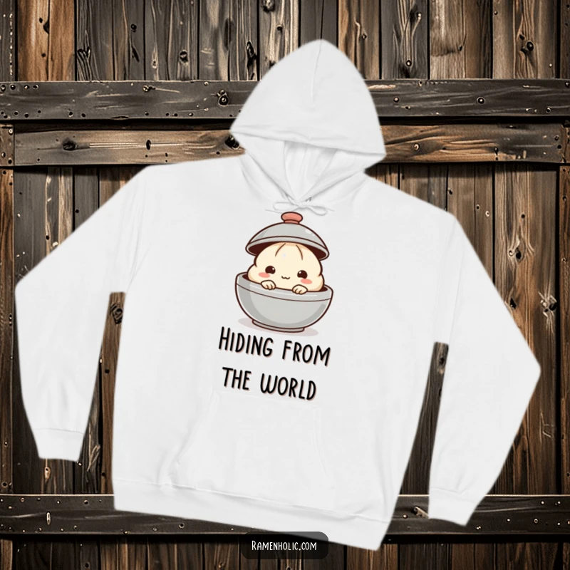 Funny dumpling hoodie featuring a shy dumpling peeking from behind a steaming lid, offering warmth and playful charm.