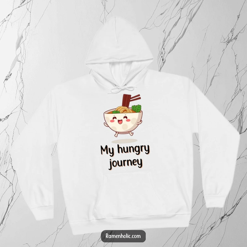 Funny ramen bowl with little stubby legs, hopping forward energetically, featured on a cozy hoodie.