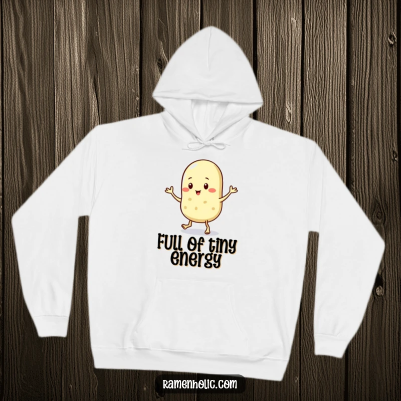 Funny hoodie showcasing a sesame seed character performing a lively jig, offering cozy comfort with a touch of miniature fun.