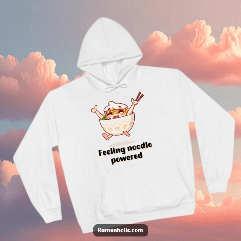 Funny Hoodie depicting an anthropomorphic ramen bowl character jumping with glee. Excellent funny gift.