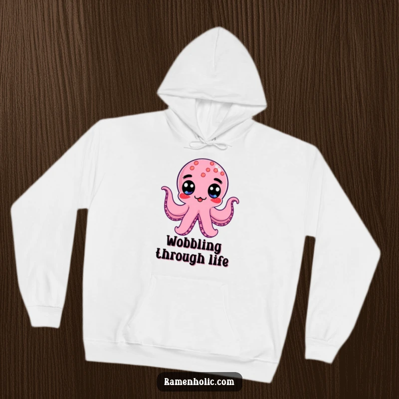 Funny Kawaii Octopus Wiener Hoodie depicting a googly-eyed character wobbling comically, a great funny gift.