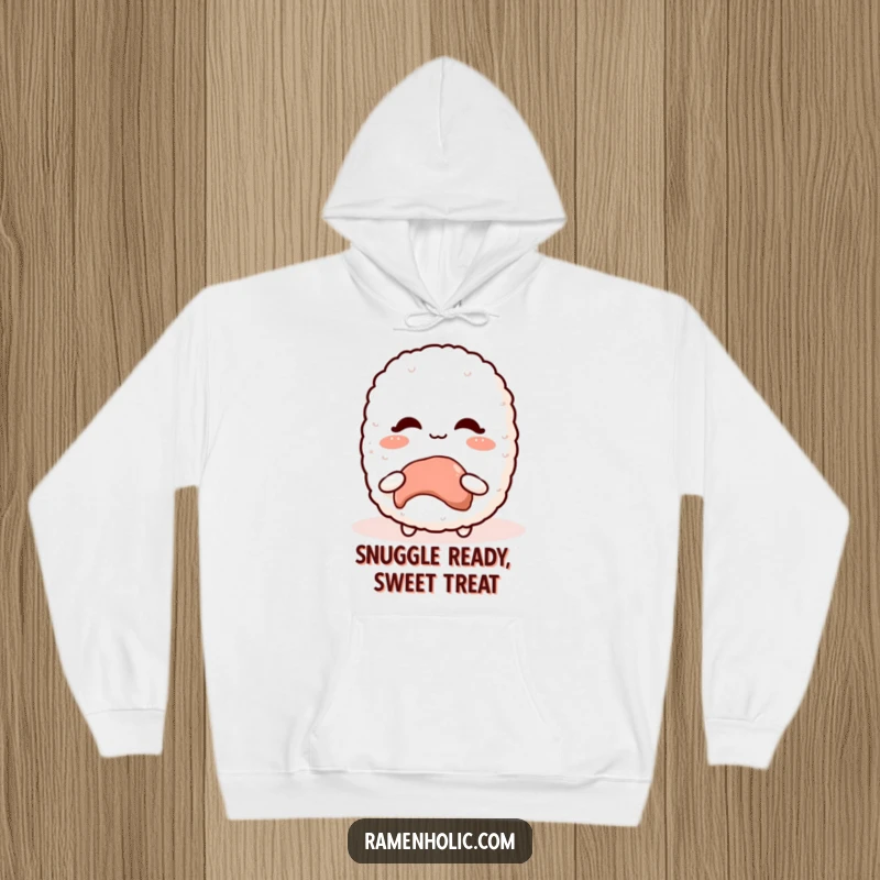 Funny Kawaii Rice Ball Hoodie showing a character blushing over a sweet treat, ideal for cozy and comical gifting.