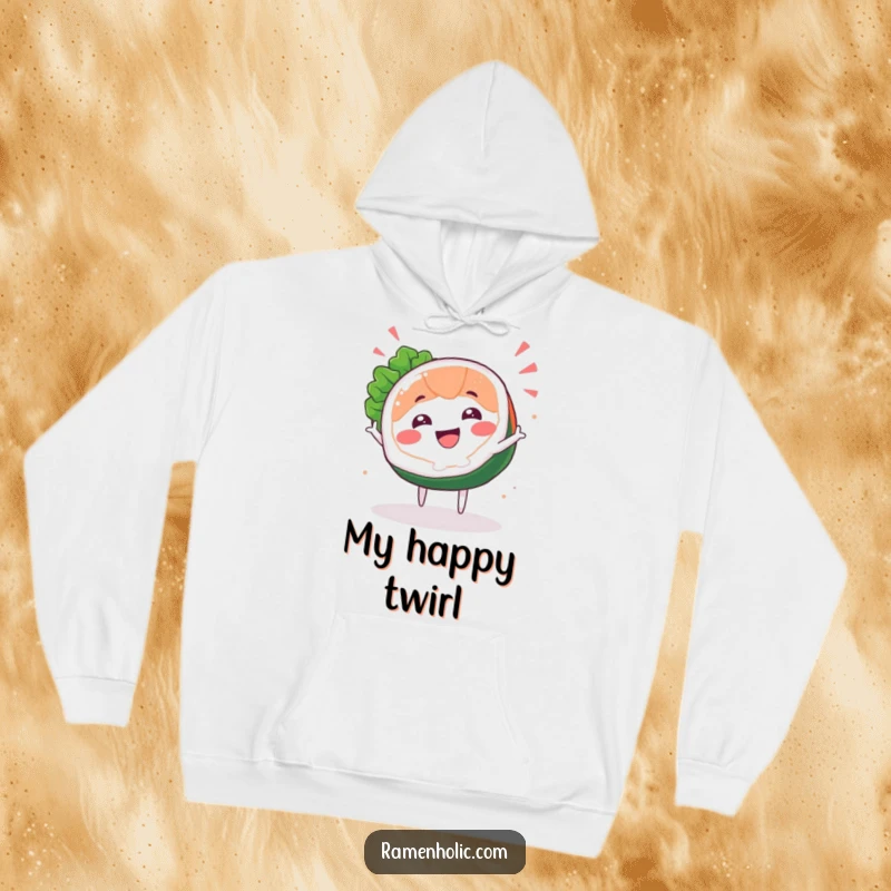 Funny Sashimi Spin Hoodie featuring a happy sashimi slice character in a dynamic spinning pose, ideal for warmth and fun.