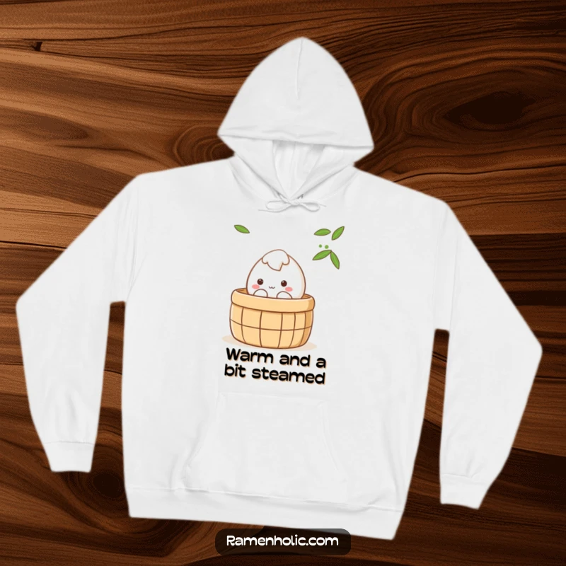 Funny shy mochi character peeking from a steaming bamboo steamer, cozy kawaii apparel, ideal funny gift for bao and dumpling fans.