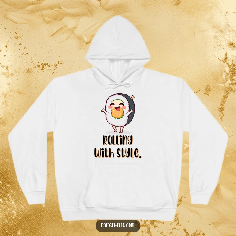 Funny sushi roll character performing a cartwheel, radiating happiness and energy, a cozy and humorous hoodie for all ages.