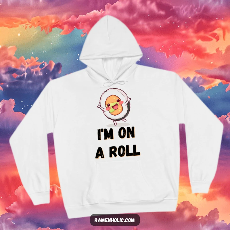 Funny hoodie featuring a happy sushi roll character performing a cartwheel with great enthusiasm, bringing playful vibes.