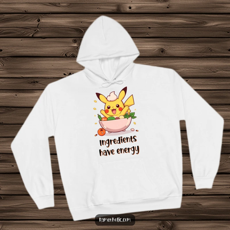 Funny Poke Bowl Hoodie: A lively poke bowl character surrounded by jumping ingredients, radiating warmth and deliciousness.